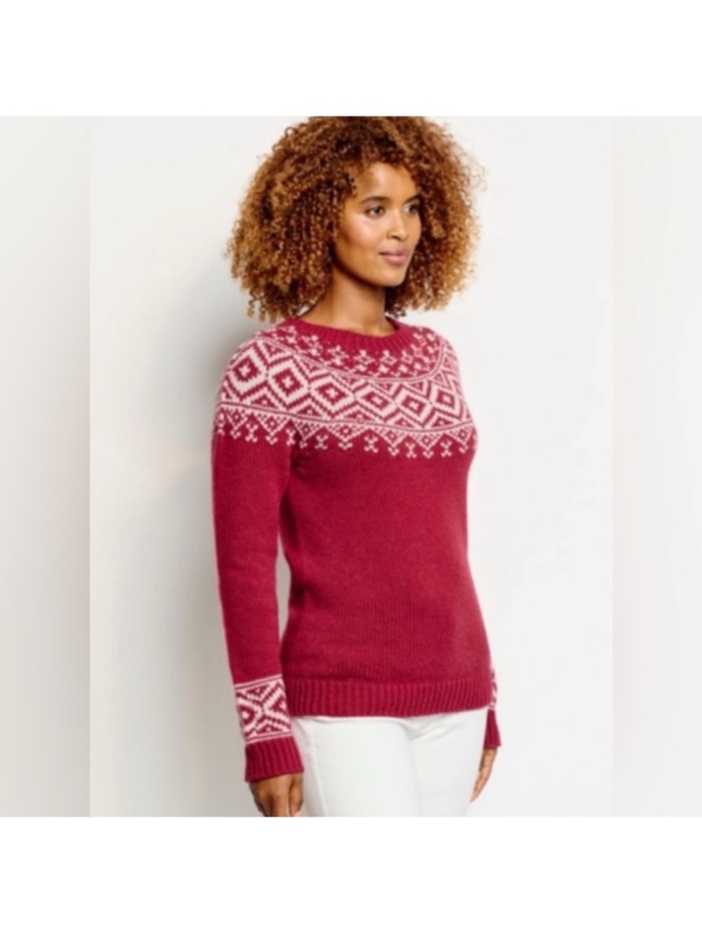 Orvis dark red and white, fairisle vibes, wool/cashmere blend sweater, Sz S.